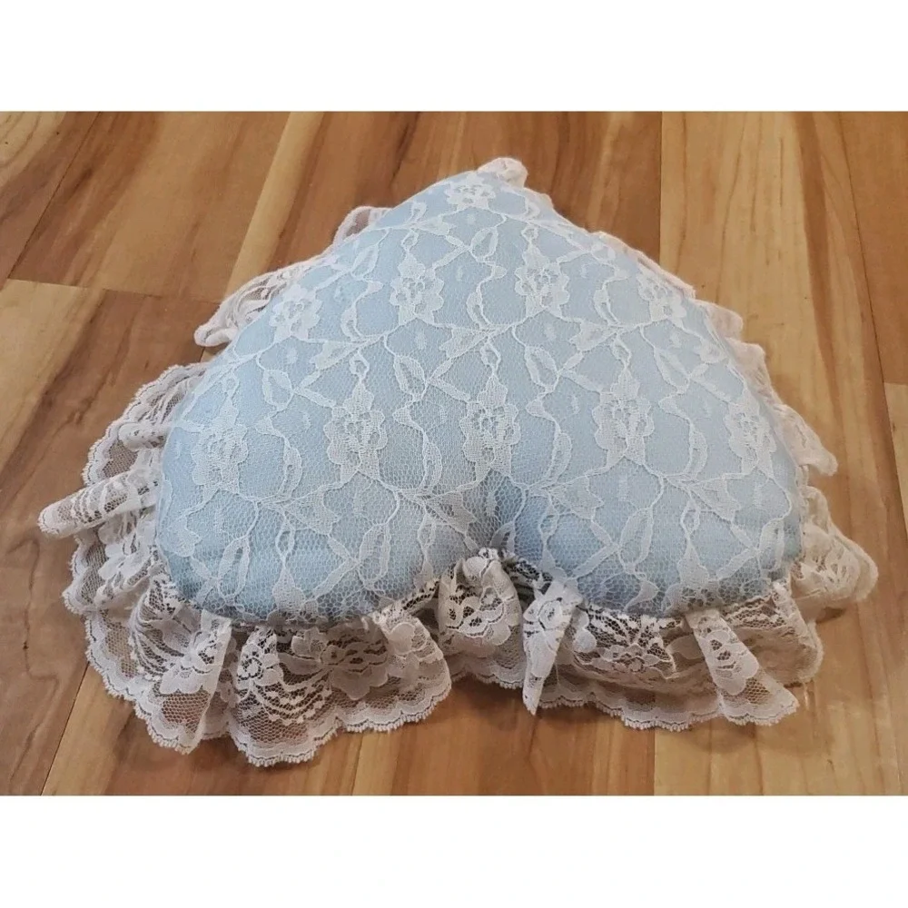 Heart Shaped Floral Lace Throw Pillow Light Blue Cottagecore‎ Victorian Romantic